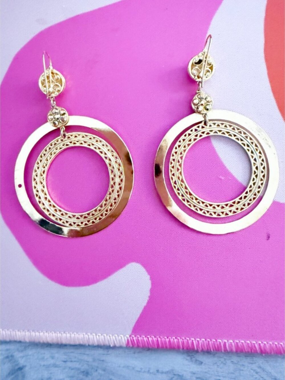 Gold oversized double circle dangle drop earrings